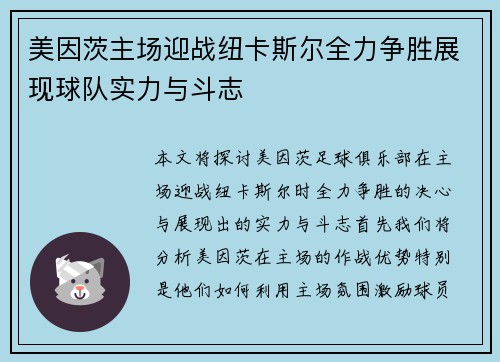 美因茨主场迎战纽卡斯尔全力争胜展现球队实力与斗志